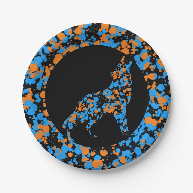 Prato De Papel Orange Blue Wolf Splattered Paint (Frente)