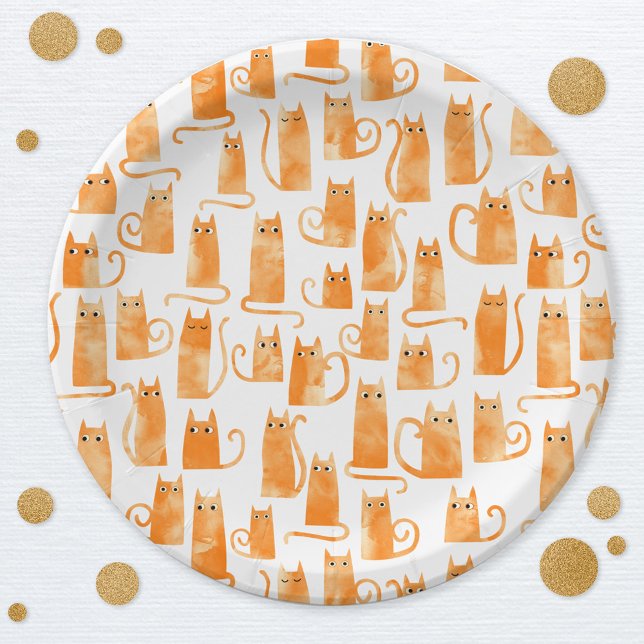 Prato De Papel Orange Cat (Watercolor Orange Ginger Cat pattern fun party paper plates)