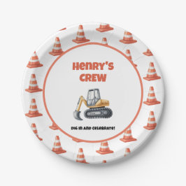 Prato De Papel Orange Cone Construction Digger Name Boy Birthday
