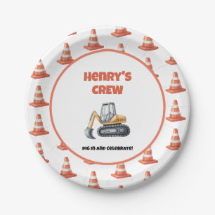 Prato De Papel Orange Cone Construction Digger Name Boy Birthday