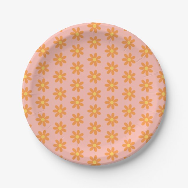 Prato De Papel Orange Daisy Pattern on Pastel Pink Spring Party (Frente)