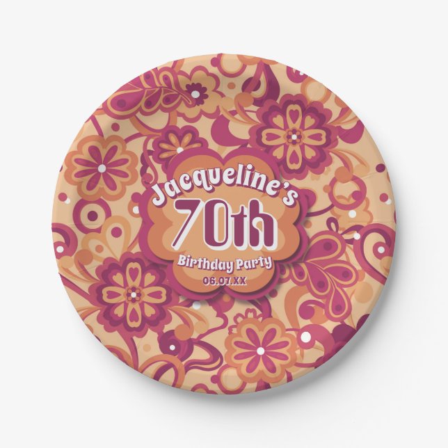 Prato De Papel Orange Groovy Psychedelic 60s 70s Aniversário Flor (Frente)
