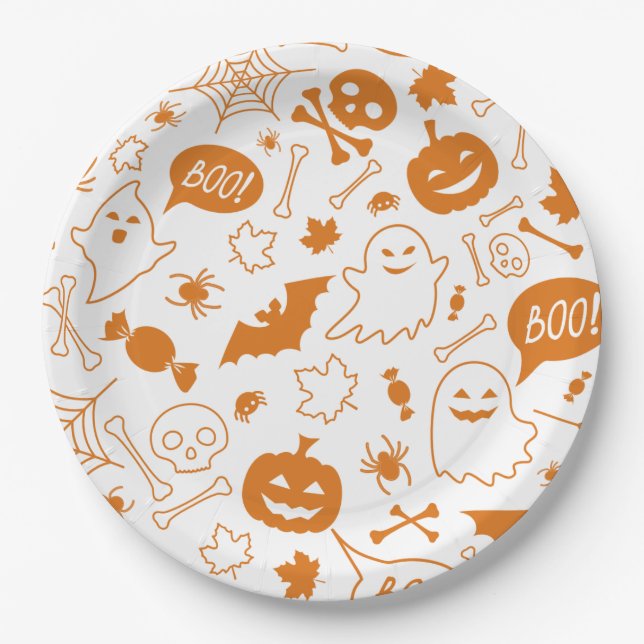 Prato De Papel Orange Halloween Pattern Happy Halloween Art (Frente)