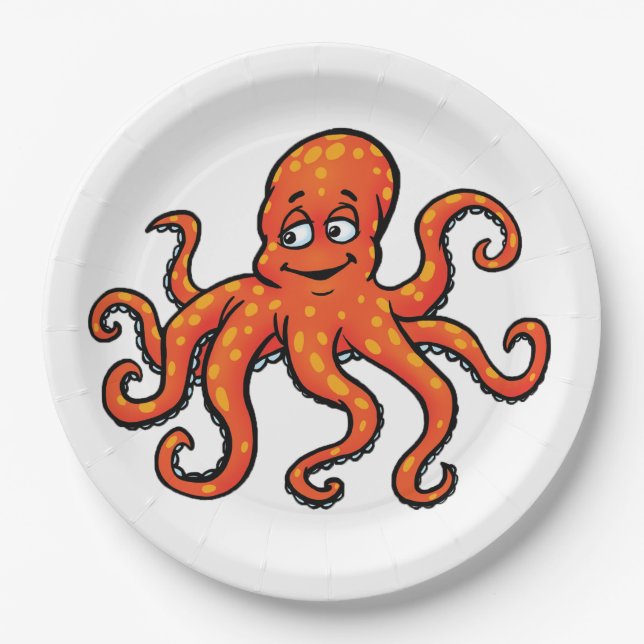Prato De Papel Orange Octopus Cartoon Ocean Sea Creature (Frente)