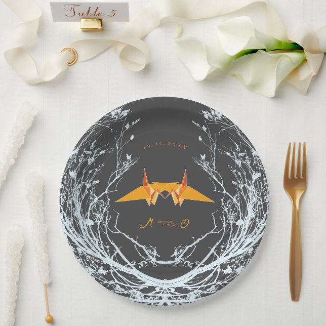 Prato De Papel Orange Origami Paper Cranes Ramificações Asiáticas (Casamento)