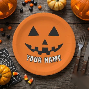 Prato De Papel Orange Pumpkin Personalizado Halloween Seu Nome