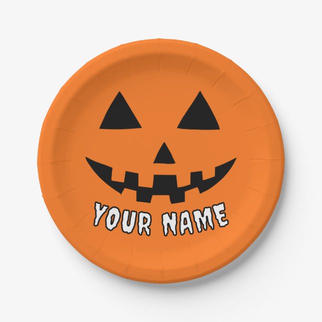 Prato De Papel Orange Pumpkin Personalizado Halloween Seu Nome (Frente)
