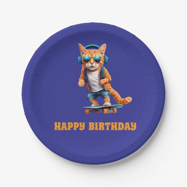 Prato De Papel Orange Tabby Skateboarder (Frente)