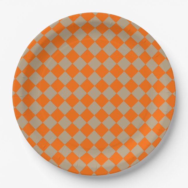 Prato De Papel Orange Taupe Checker Diamond Pattern (Frente)