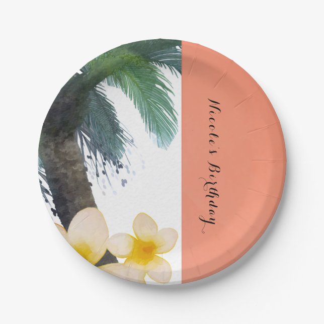 Prato De Papel Orange Tropical Palm Tree & Plumeria Summer Party (Frente)