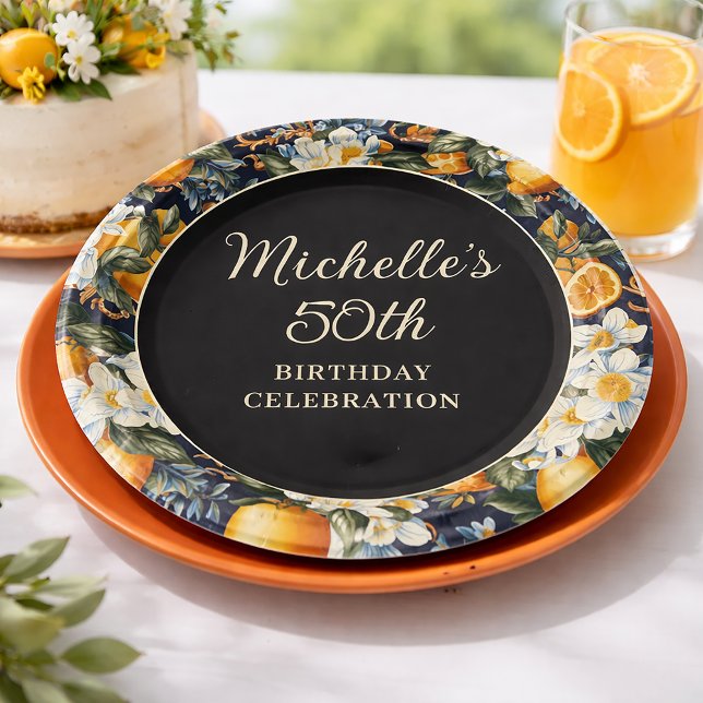 Prato De Papel Oranges White Flowers Navy Blue Birthday Welcome (Navy citrus floral 50th birthday paper plate )