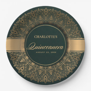 PRATO DE PAPEL ORNAMENTADO CLÁSSICO DOURADO LUXE VERDE MANDALA Q