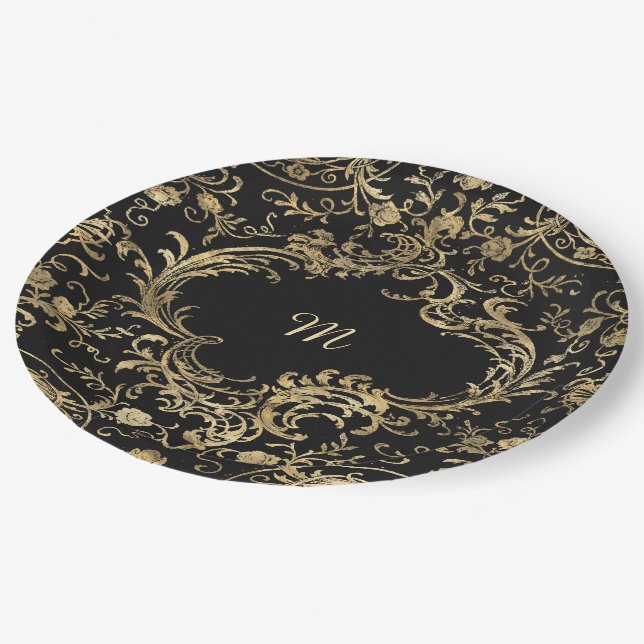 Prato De Papel Ornamentado preto dintage Dourado (Inclinado)