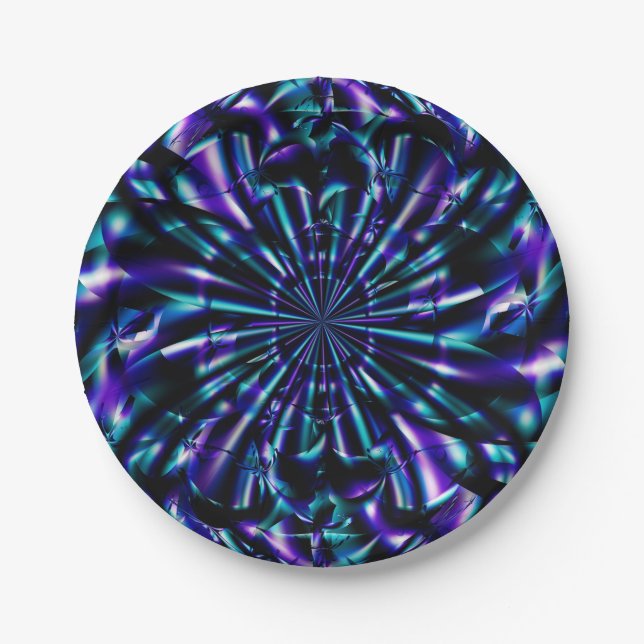Prato De Papel Ornamental | Arte Fractal Azul e Roxo (Frente)