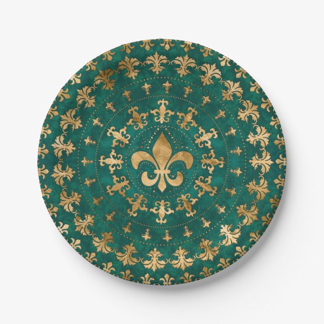 Prato De Papel Ornamento Fleur-de-lis Emerald Green (Frente)