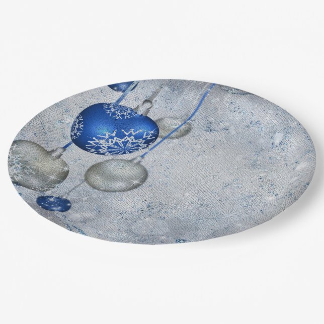 Prato De Papel ornamentos azuis prateados (Inclinado)
