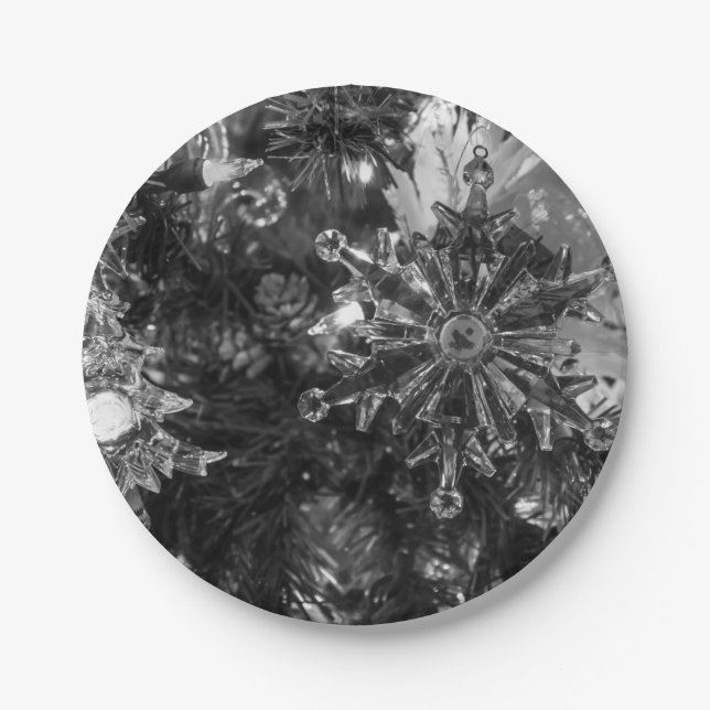 Prato De Papel Ornamentos de Feriado em Escala de Cinza (Frente)