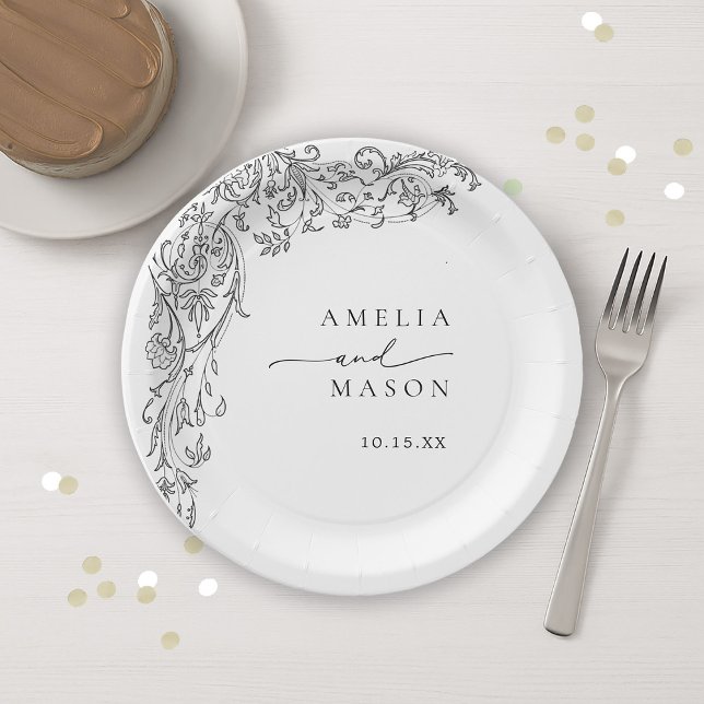 Prato De Papel Ornate Elegant Black and White Paper Wedding (Ornate Elegant Black and White Paper Wedding Paper Plates)