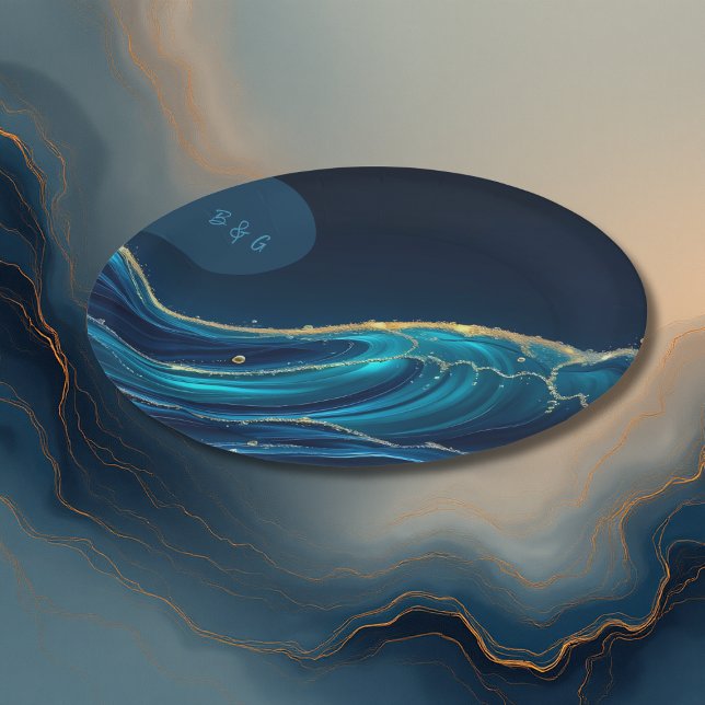 Prato De Papel Ouro Accentado Casamento das Ondas do Oceano Abstr (Criador carregado)