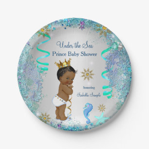 Prato De Papel Ouro Azul Sob o Mar Príncipe Baby Shower Étnico