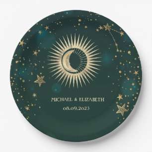 Prato De Papel Ouro Celestial Sol E Lua Estrelas Verde