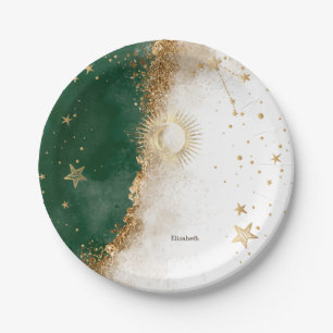 Prato De Papel Ouro Celestial Sol e Lua Estrelas Verde