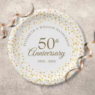 Prato De Papel ouro do 50º aniversário Ama Corações Confetti