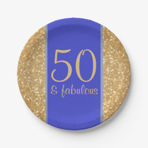 Prato De Papel Ouro e azul Glittery 50 & 50th aniversário