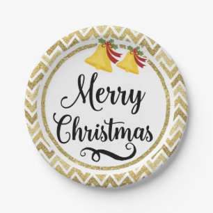 Prato De Papel Ouro Glittery Bells Chevron Feliz Natal