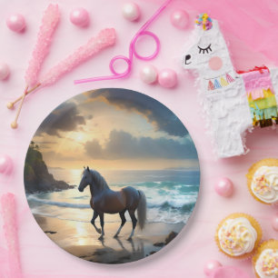Prato De Papel Ouro Grace: Um Cavalo de Palomino na praia Sunset