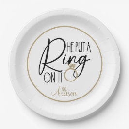 Prato De Papel Ouro Moderno Preto Nome Ele Colocou um Anel Nela  