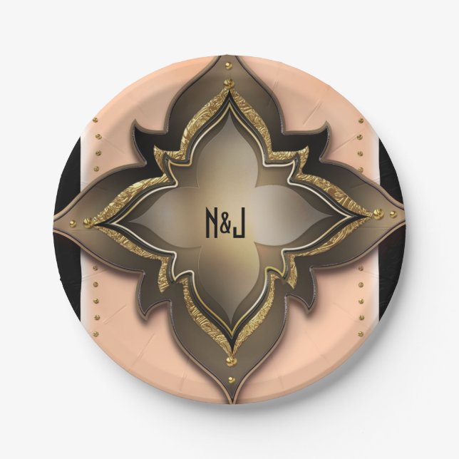 Prato De Papel Ouro Preto e Pêssego Exótico Chic Floral Festa Per (Frente)