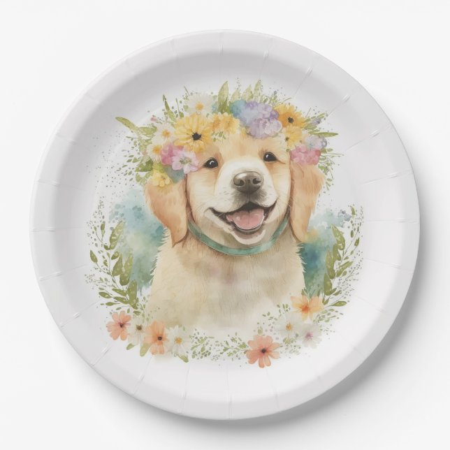 Prato De Papel Ouro Retriever Em Floral Laurel Wreath (Frente)