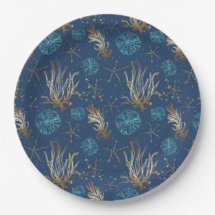 Prato De Papel Ouro Starfish e Coral Reef Patterno em Azul
