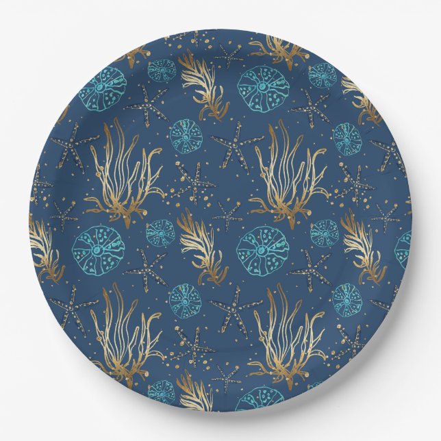 Prato De Papel Ouro Starfish e Coral Reef Patterno em Azul (Frente)
