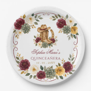 Prato De Papel Ouro Vermelho Cavalo Ocidental Floral Charra Quinc