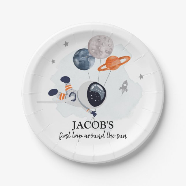 Prato De Papel Outer Space Boy 1rua viajando ao redor do Sol Aniv (Frente)