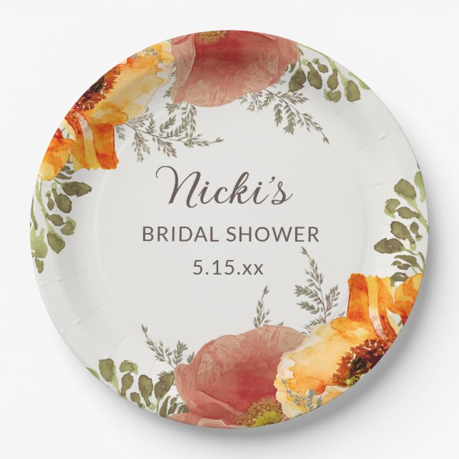 Prato De Papel Outono Laranja Queimado Floral Bridal Shower Nome (Frente)