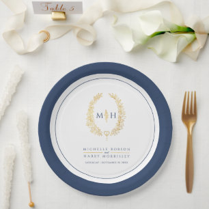 Prato De Papel Oval wreath art deixa o monograma azul-ouro casame
