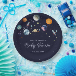 Prato De Papel Over The Moon Boy Baby Shower Party Space Galaxy