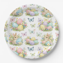 Prato De Papel Ovos e Coelhinhos de Páscoa em Pastel Flores e Bor