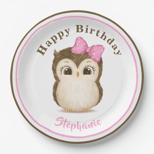 Prato De Papel Owl Woodland Watercolor Pink Aniversário Name (Frente)