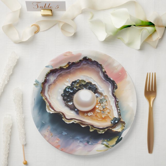Prato De Papel Oyster Pearl Shelfish Art (Casamento)