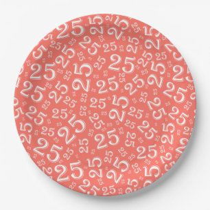 Prato De Papel Padrão 25 Birthday Coral/White Random Number