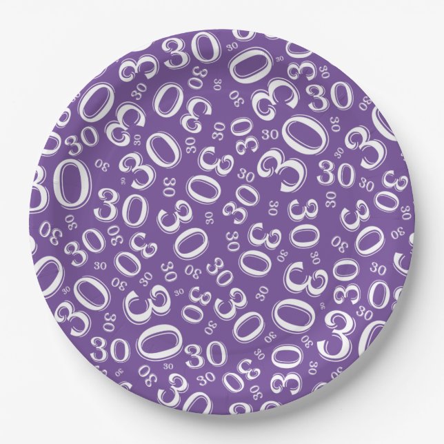 Prato De Papel Padrão 30 Random Numérico Idade Branco/Roxo (Frente)