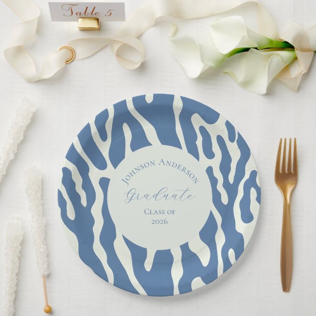 Prato De Papel Padrão abstrato moderno em azul e creme para forma (Casamento)