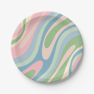 Prato De Papel Padrão Abstrato Retro de Laços Ondulados Azul Rosa