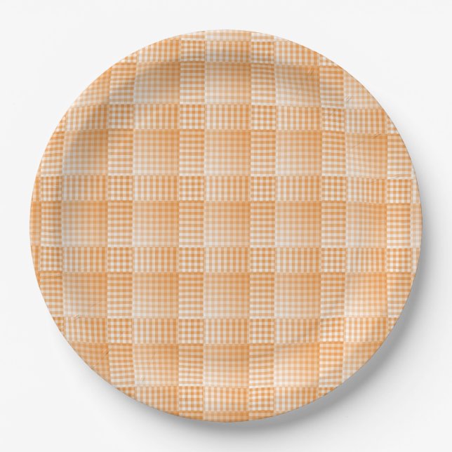 Prato De Papel Padrão Abstrato Xadrez Laranja Branco (Frente)