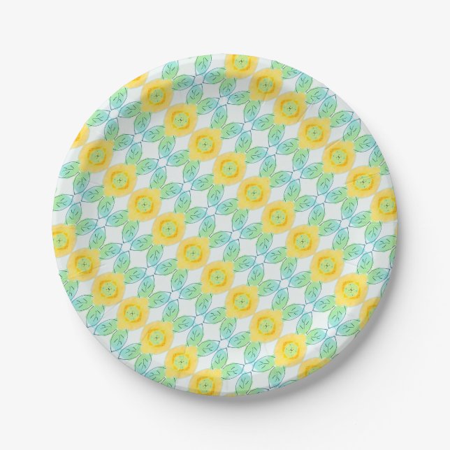 Prato De Papel Padrão Amarelo E Azul (Frente)