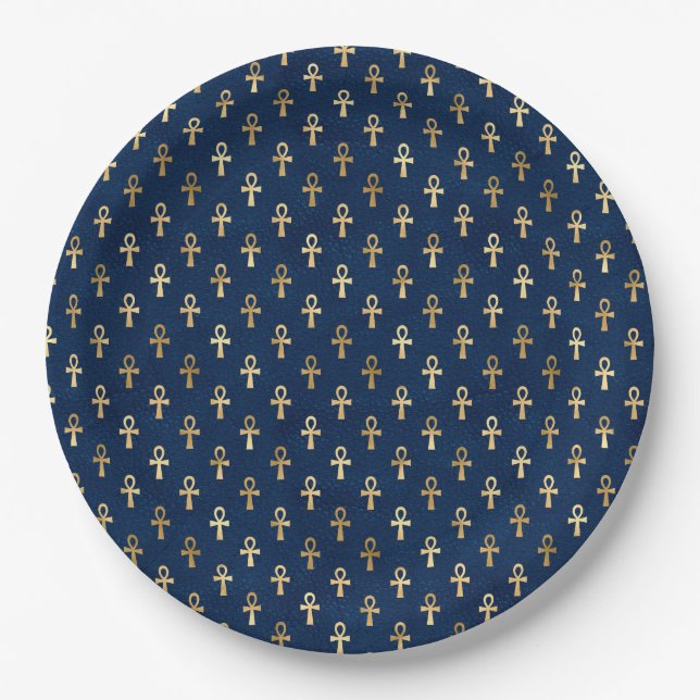 Prato De Papel Padrão Ankh Egípcio Dourado e Azul (Frente)